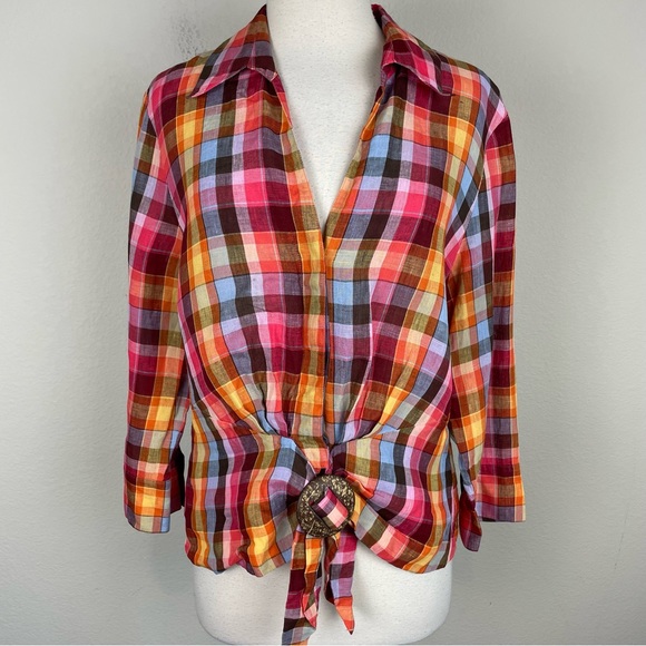 Lafayette 148 New York Tops - Lafayette 148 Multicolor Plaid Linen Faux Wrap Top 10